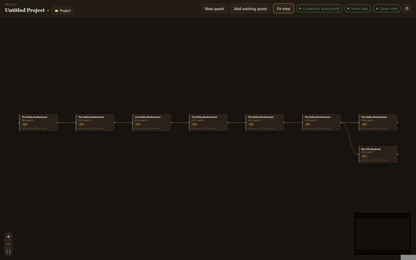 The canvas showing a chain of quests, each a card linked to the next