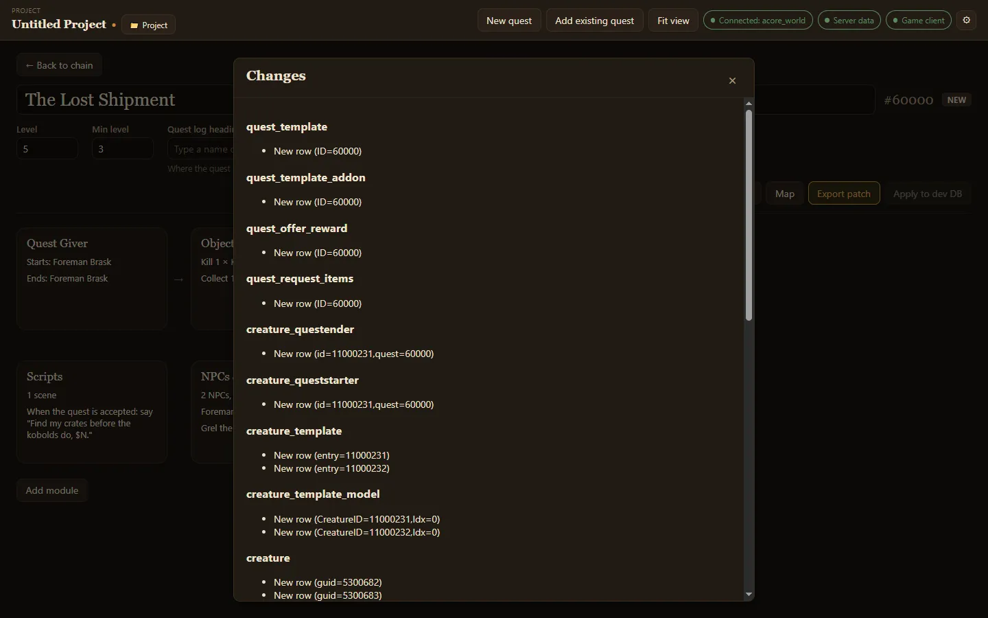 The Changes dialog listing new rows