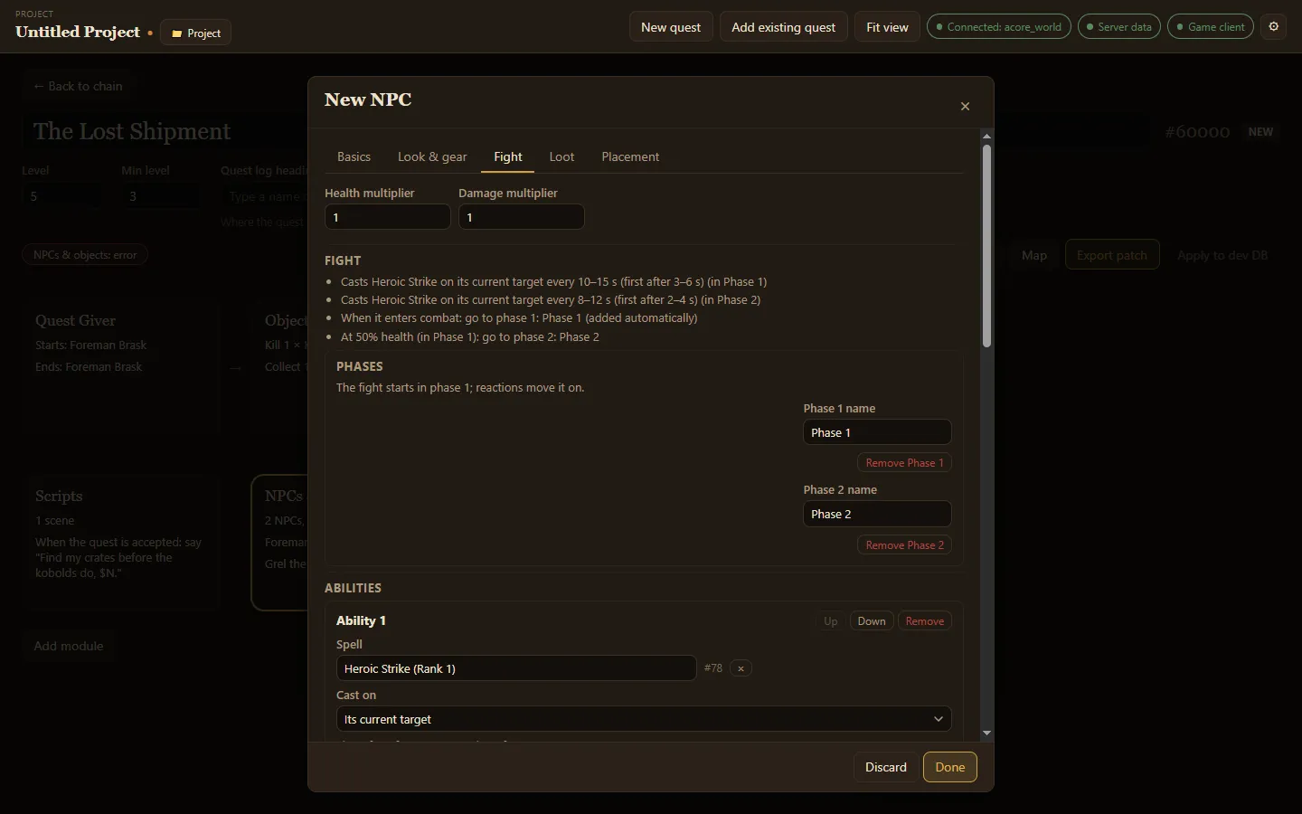 The Fight tab of a two-phase boss, with its summary, phases and abilities