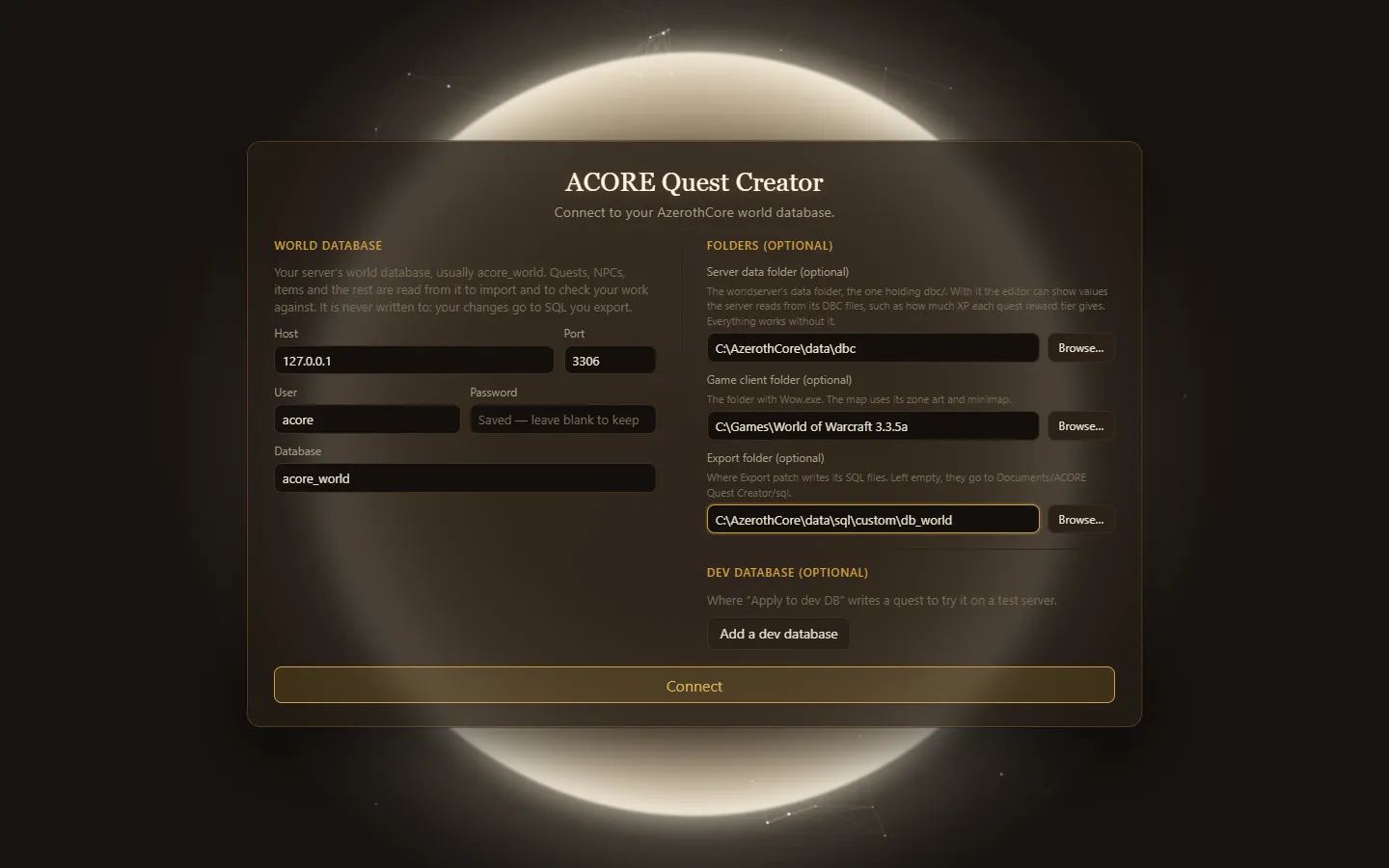 The login screen, with the world database on the left and the optional folders and dev database on the right