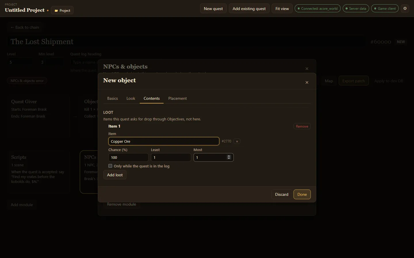 A chest’s Contents tab with one item of loot