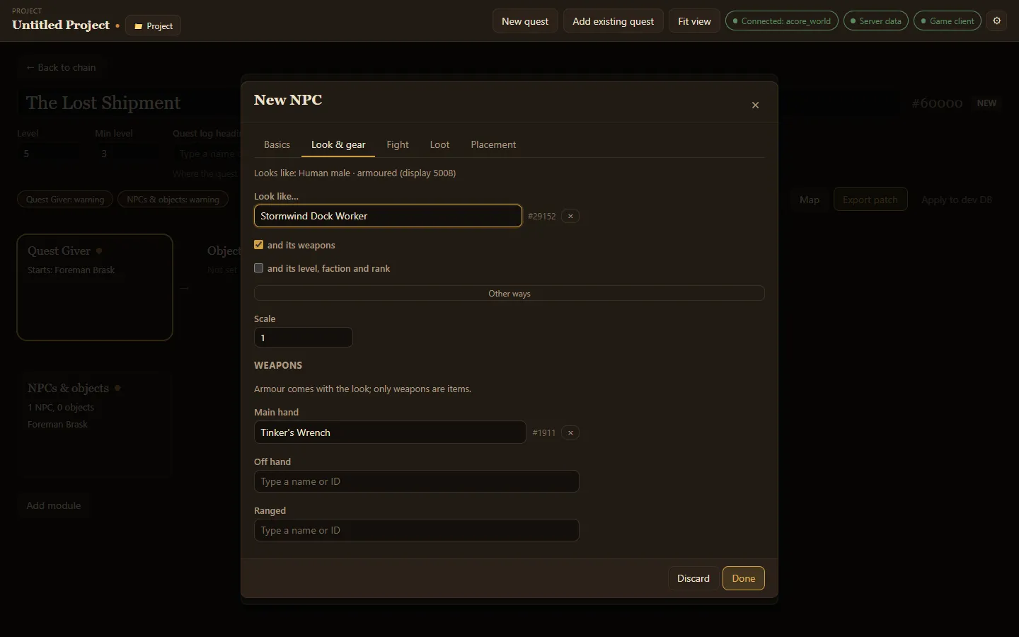 The New NPC editor on its Look & gear tab, borrowing a Stormwind Dock Worker’s look and wrench