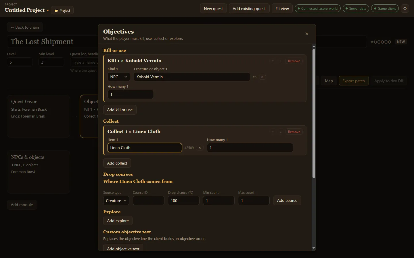 The Objectives editor with one kill and one collect objective