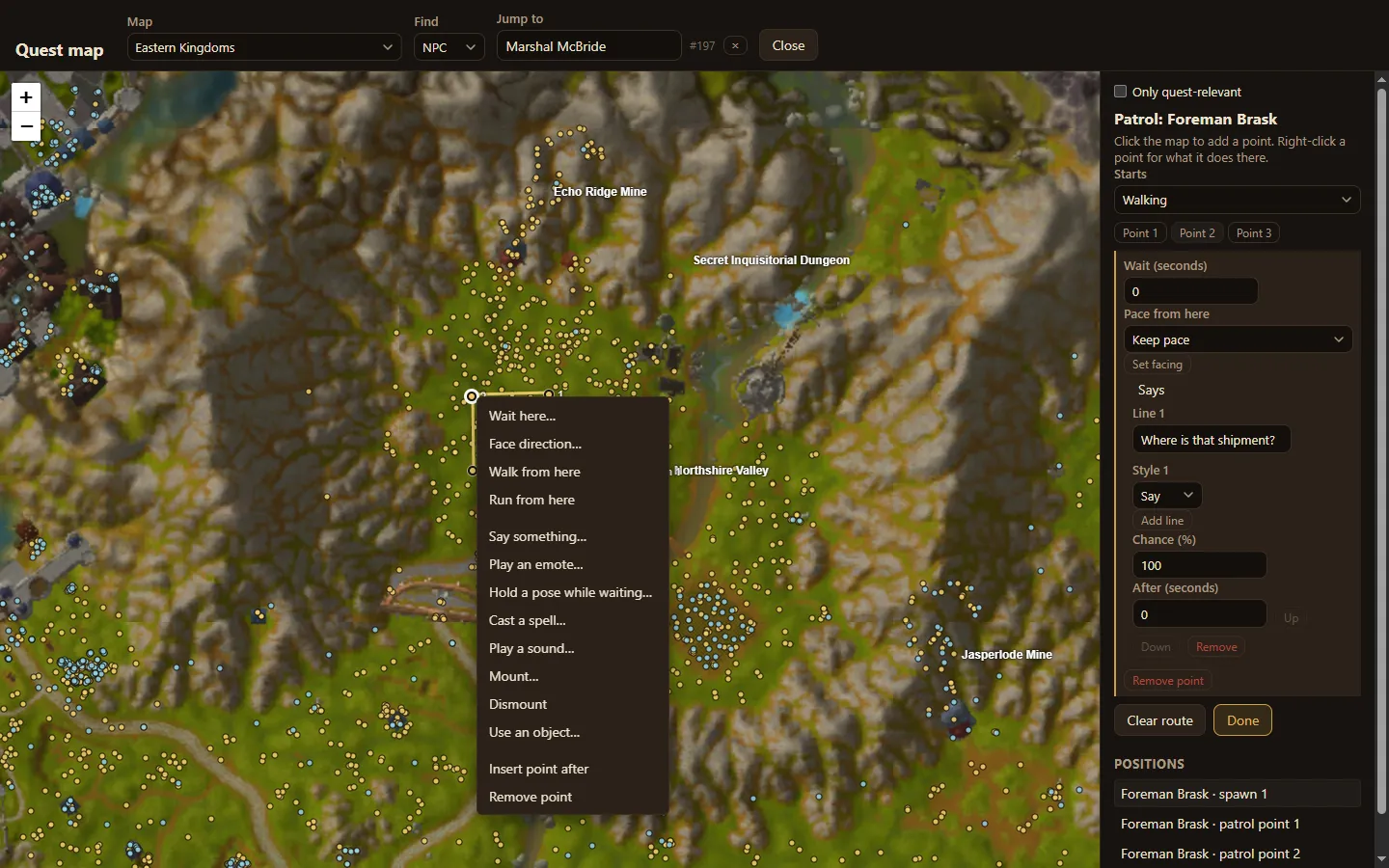 A patrol of three points being drawn, with the menu of point actions open