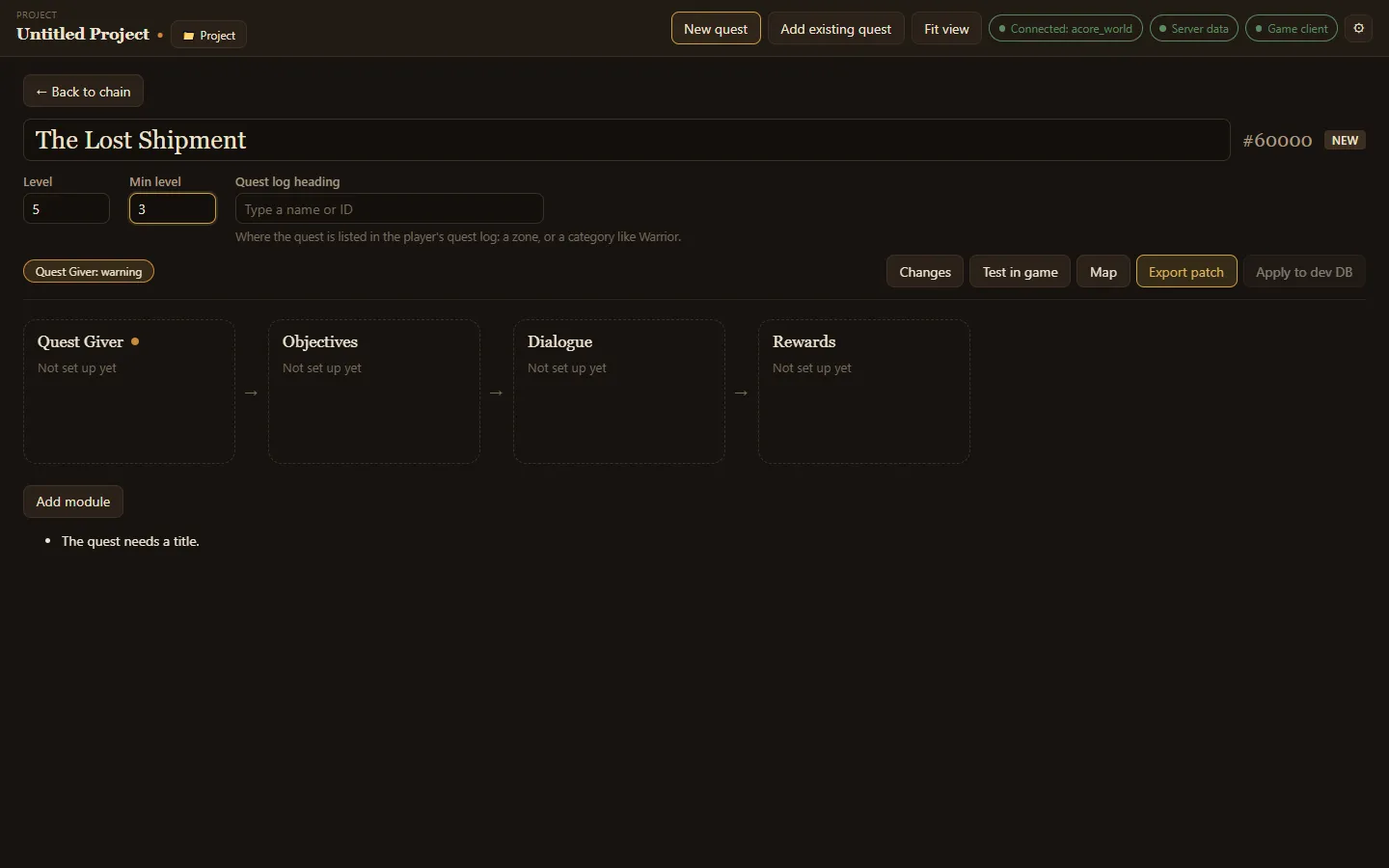 A new quest with its title and levels filled in, and its modules below