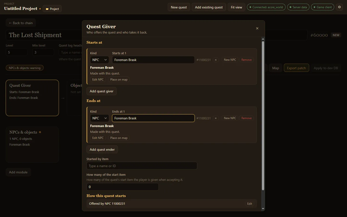 The Quest Giver editor with a new NPC as the quest’s starter and ender