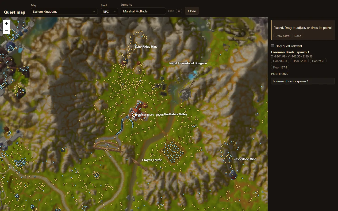 The quest map over Northshire Valley, with a new NPC placed and existing spawns around it