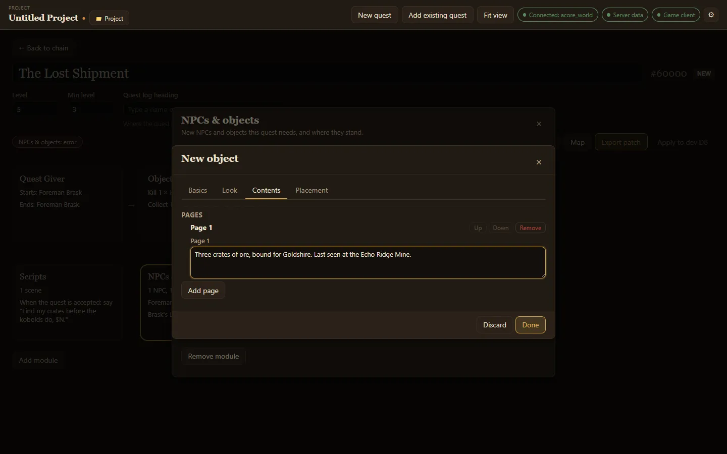 The New object editor on its Contents tab, with one page of text
