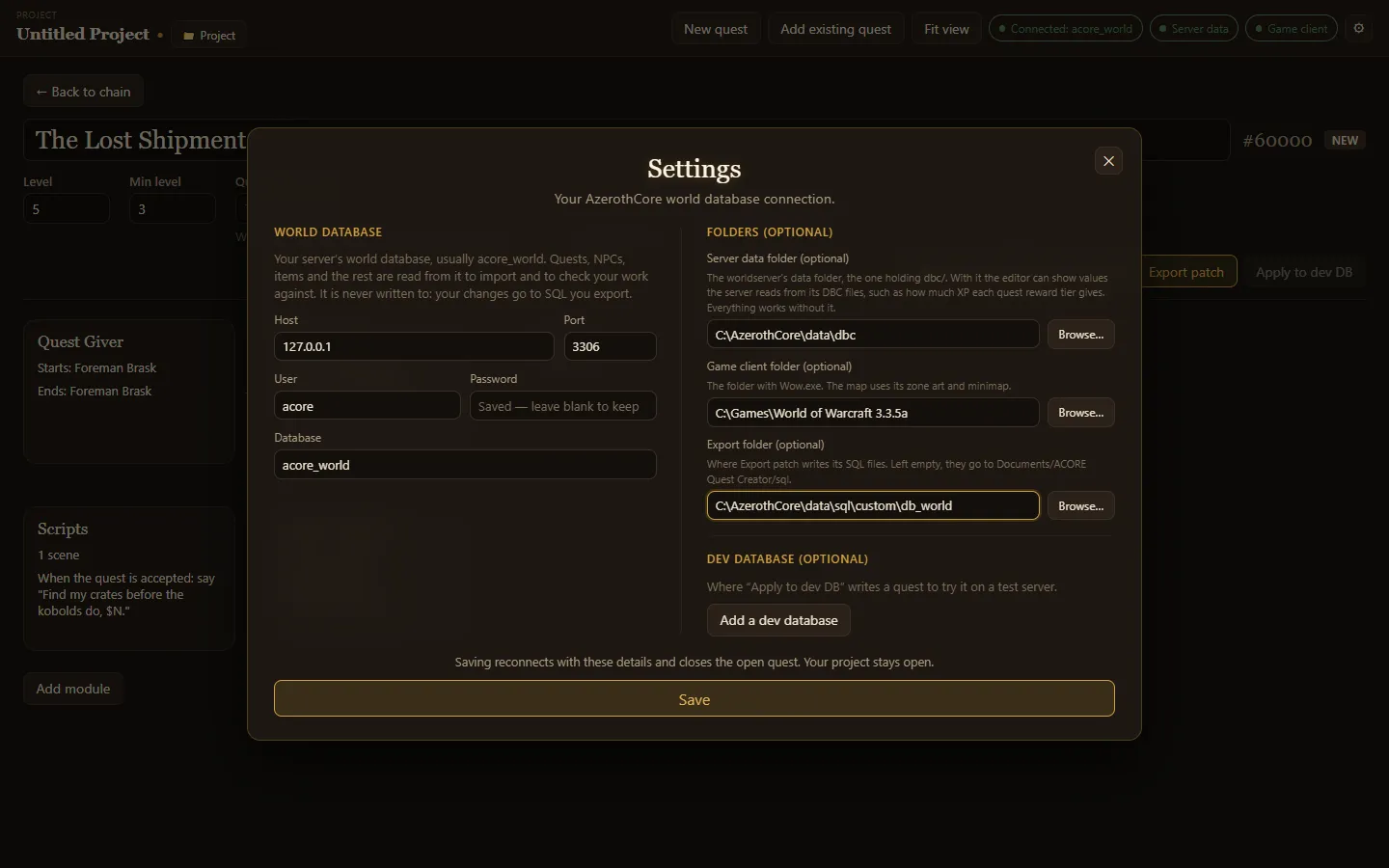 Settings, with the same fields as the login screen