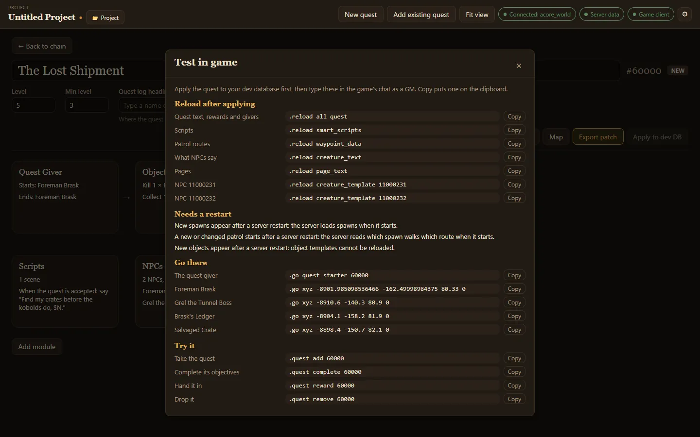 The Test in game panel listing reload, travel and quest commands