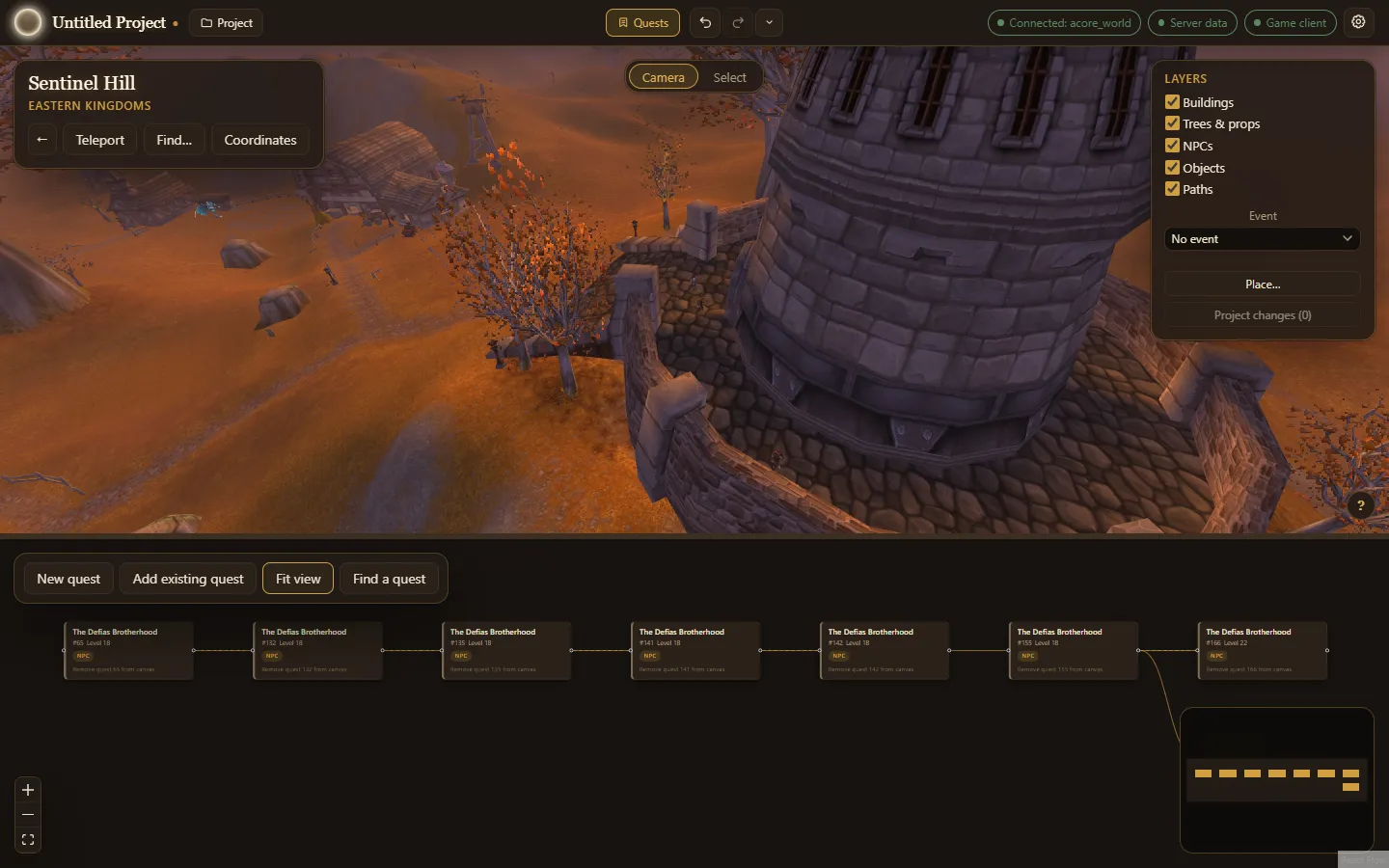 The World over Sentinel Hill, with the Quests dock under it showing a chain of quests, each a card linked to the next