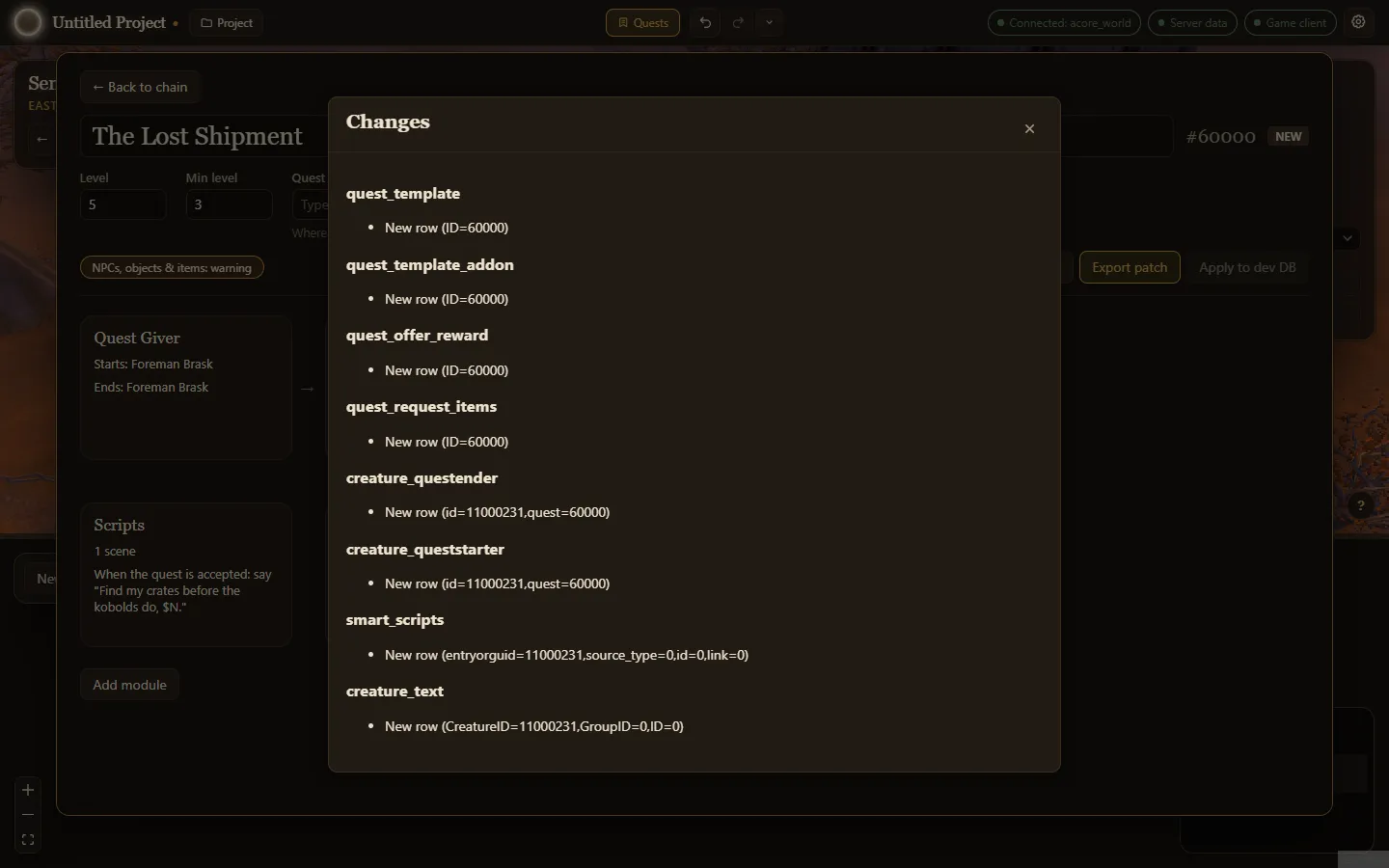 The Changes dialog listing new rows