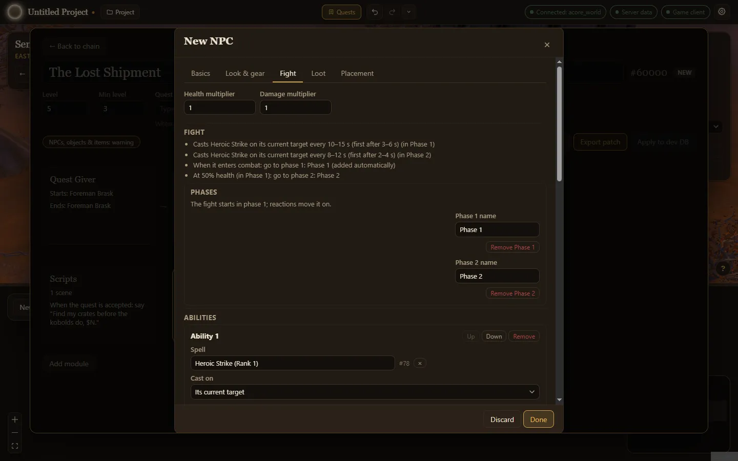 The Fight tab of a two-phase boss, with its summary, phases and abilities