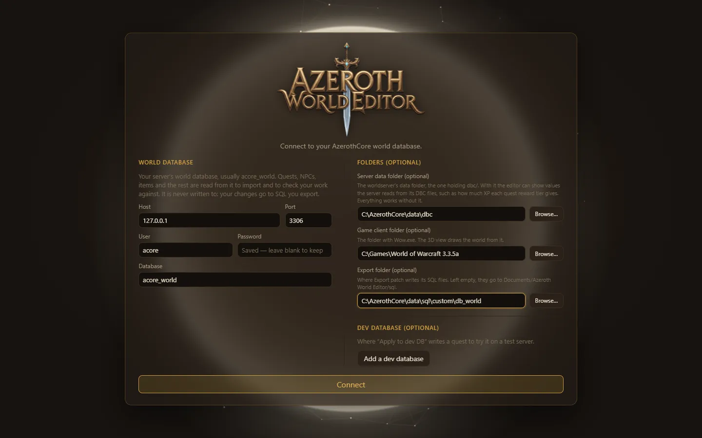 The login screen, with the world database on the left and the optional folders and dev database on the right