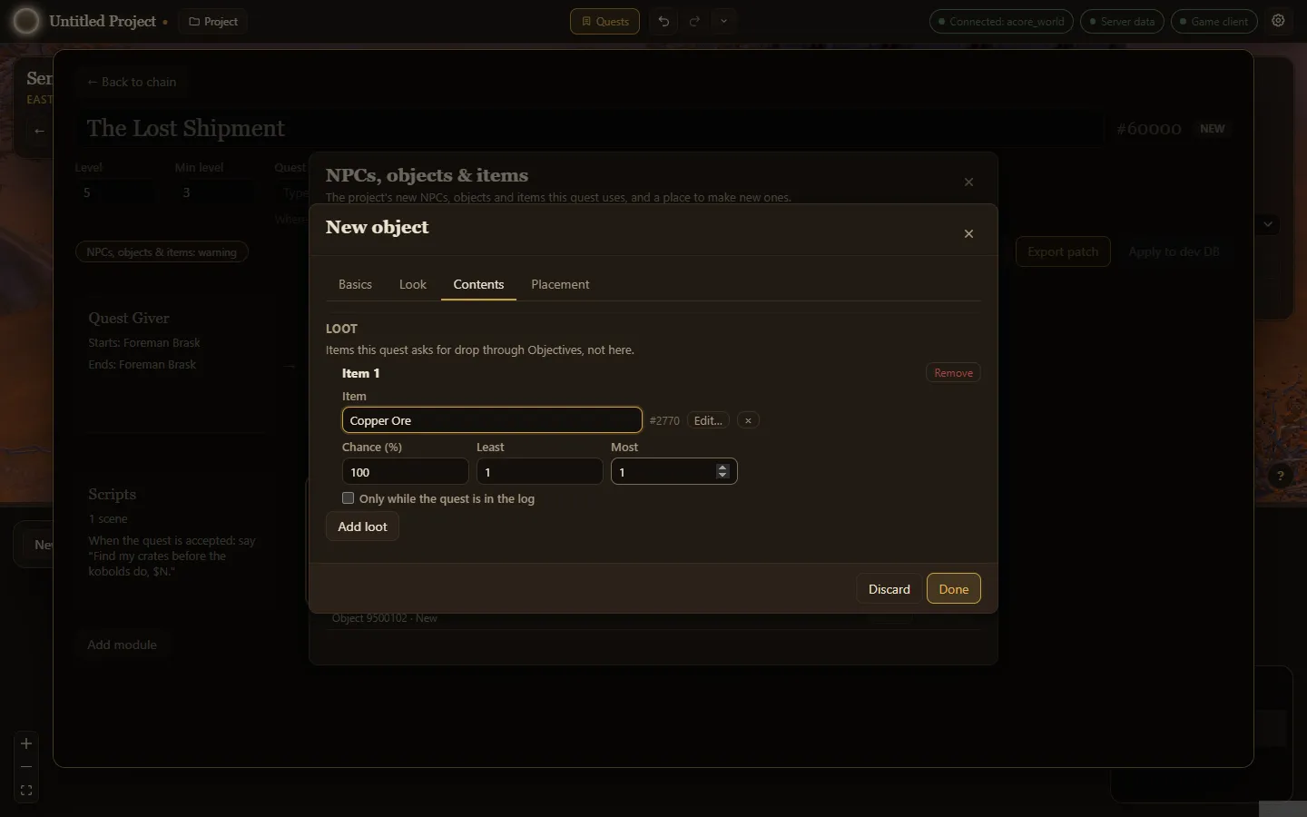 A chest’s Contents tab with one item of loot