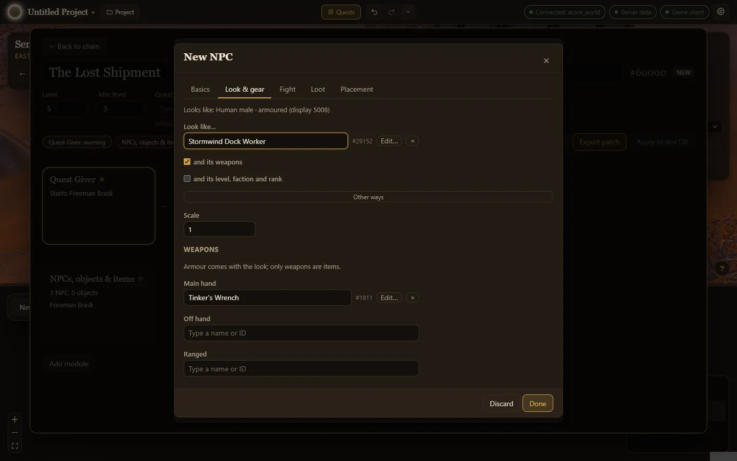 The New NPC editor on its Look & gear tab, borrowing a Stormwind Dock Worker’s look and wrench