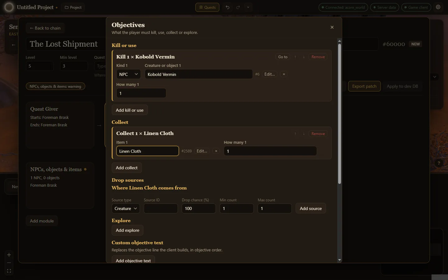 The Objectives editor with one kill and one collect objective