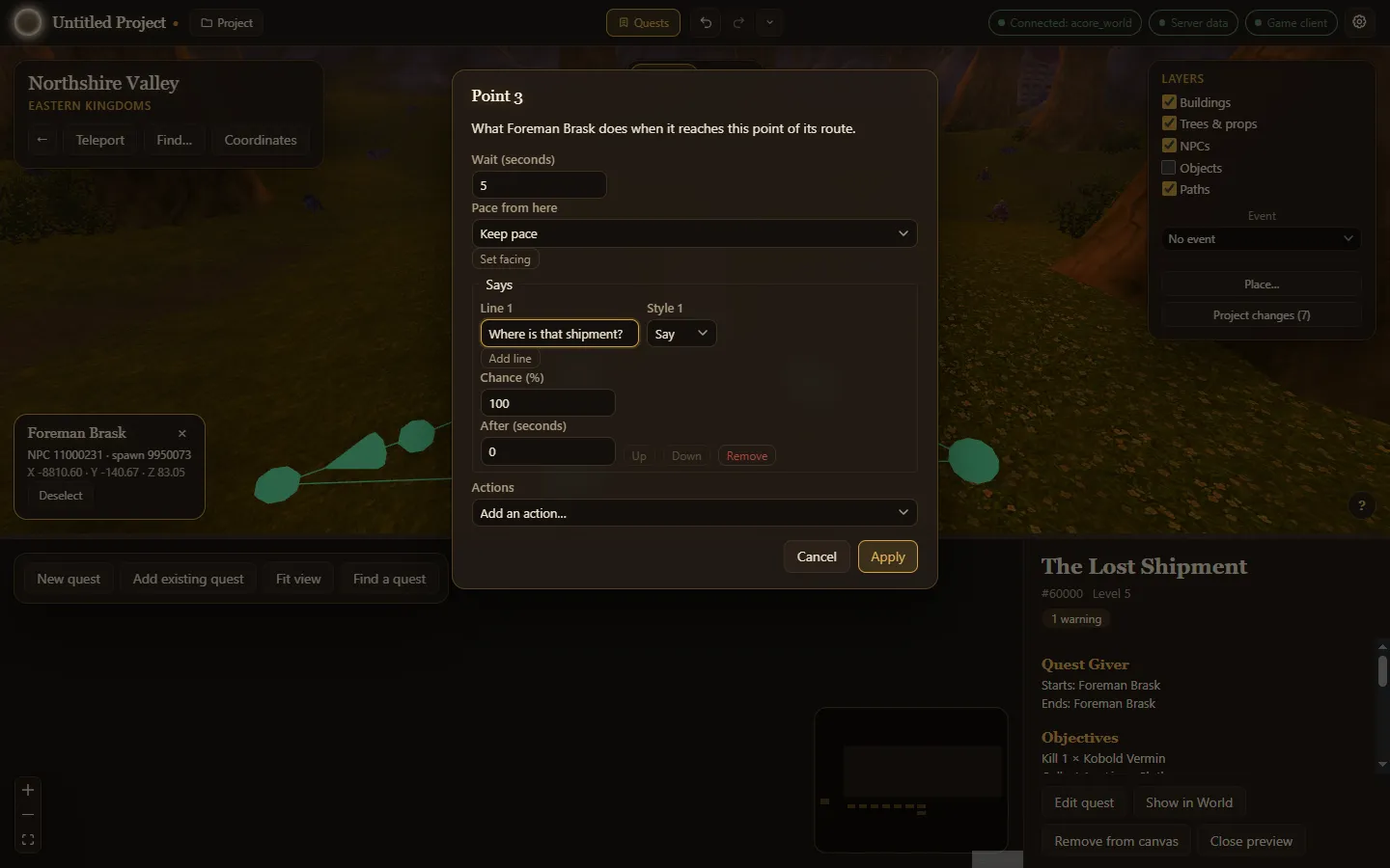 A patrol drawn in the World, with a point’s settings open and a line for the NPC to say there