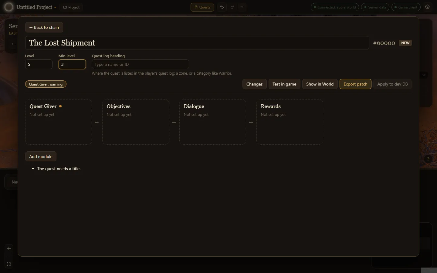 A new quest with its title and levels filled in, and its modules below