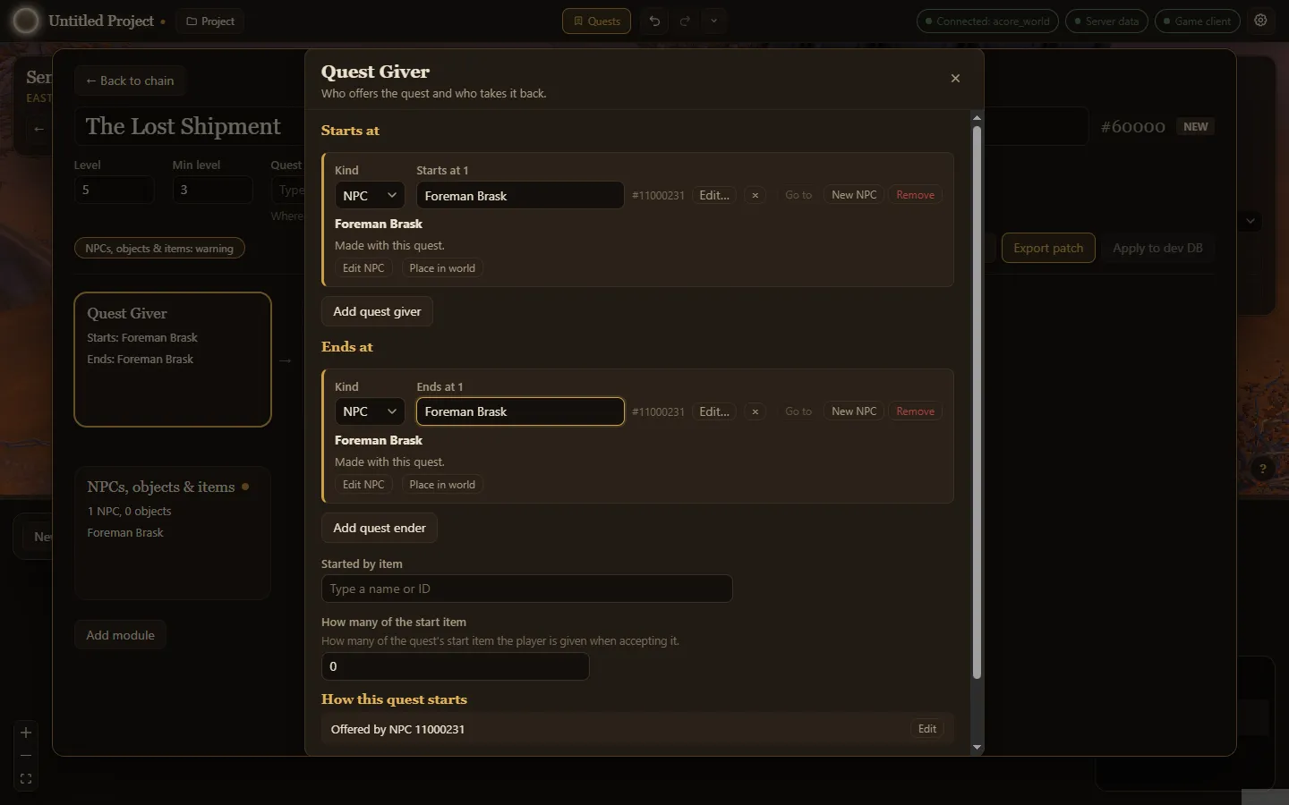 The Quest Giver editor with a new NPC as the quest’s starter and ender