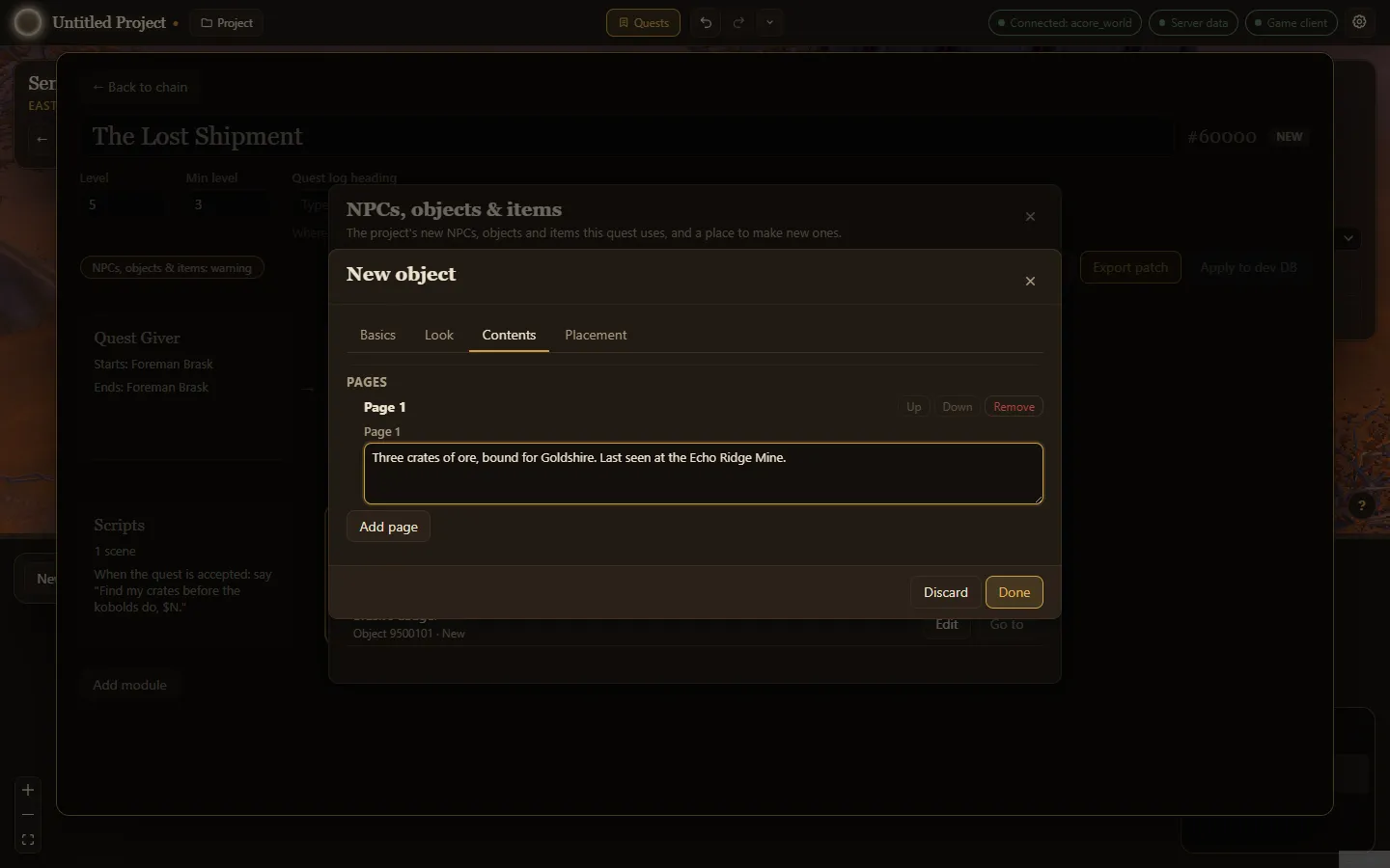 The New object editor on its Contents tab, with one page of text