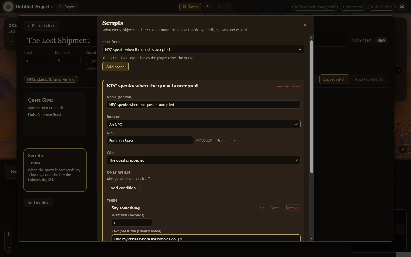 The Scripts editor with a scene where the NPC speaks when the quest is accepted