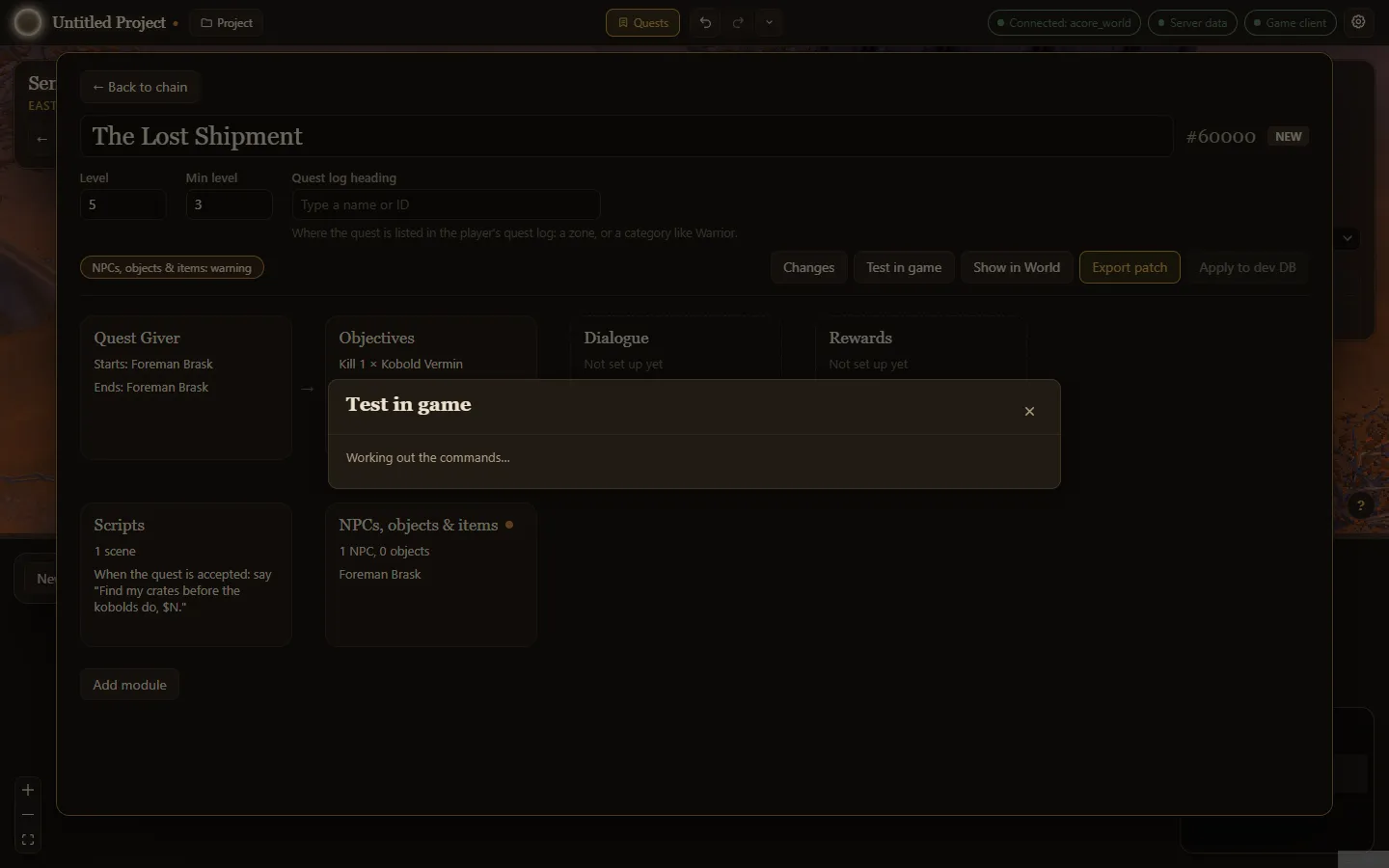 The Test in game panel listing reload, travel and quest commands