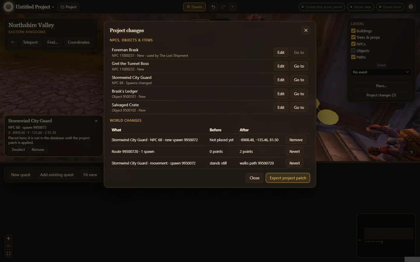 The Project changes list: a placed guard, its new path and its movement